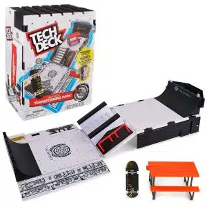 Vibrant Tech Deck Transforming Park set for fingerboarding with ramps and a detailed skateboard.
