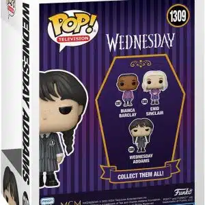 Wednesday Funko Pop! Figure in black dress, embellished packaging, ideal for collectors and fans.