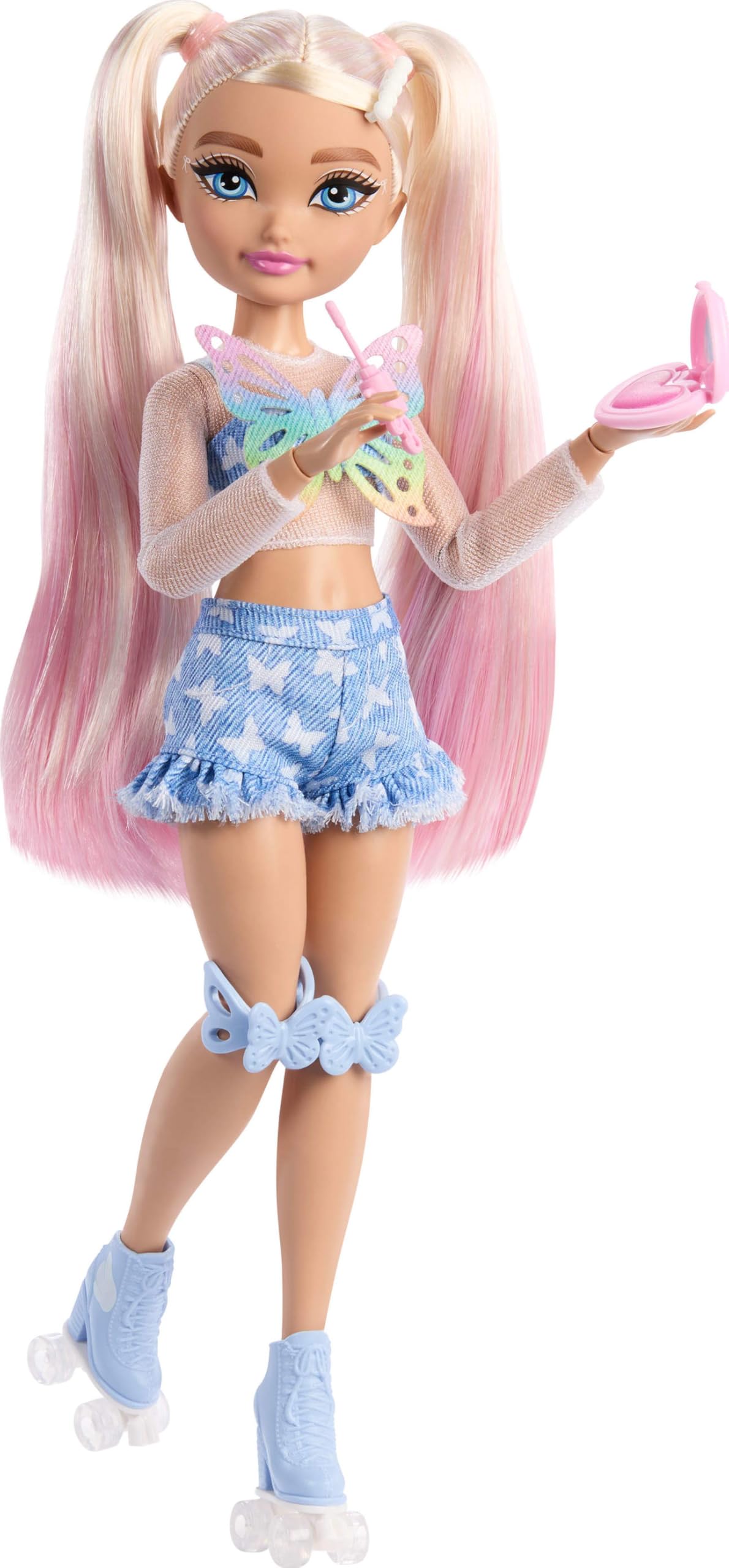 Barbie Dream Besties Doll and Accessories, Barbie Malibu” Posable Roller Skating Fashion Doll with Blonde Hair, 9 Makeup Themed Pieces