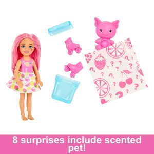 Barbie Pop Reveal Chelsea Small Doll, Fruit Series with 5 Surprises Including Pop-It Pet & Accessories, Features Scent & Color Change (Styles May Vary)