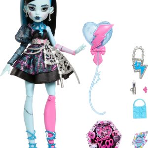 Monster High Scary Sweet Birthday Doll, Frankie Stein in Black Party Dress with Themed Accessories Like Invite, Balloon, Toy, Lipstick and More