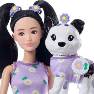 Barbie Twinning Looks Doll with Pet Dog in Matching Purple Daisy Clothes and Accessories for Both Like Flowers and Belt Bags, Black Hair