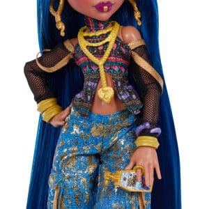 Monster High Doll, Cleo De Nile in Crop Top and Golden Denim Cargo Pants with Pet Snake Hissette and 7 Accessories Like Salad, Smoothie and Purse, JHK32