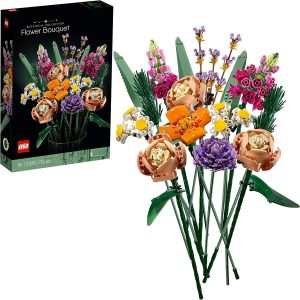 Colorful LEGO Flower Bouquet 10280 set features diverse blooms and elegant packaging, perfect for decorative displays.
