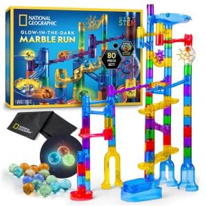 National Geographic Glowing Marble Run – 80-Piece Construction Set with 15 Glow-in-The Dark Glass Marbles, Creative STEM Toys, Building Project Toy