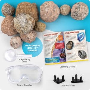 National Geographic Break Open 10 Premium Geodes – Includes Goggles & Display Stands - STEM Science Kit, Geology Set for Kids, Break Your Own Geodes
