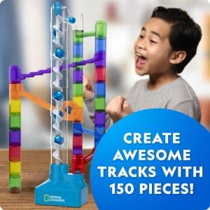 National Geographic Marble Run with Motorized Elevator - 150-Piece Marble Maze Kit with Motorized Spiral Lift, 30 Marbles, Storage Bag & More, Perpetual Motion Machine, Kids Physics Toys