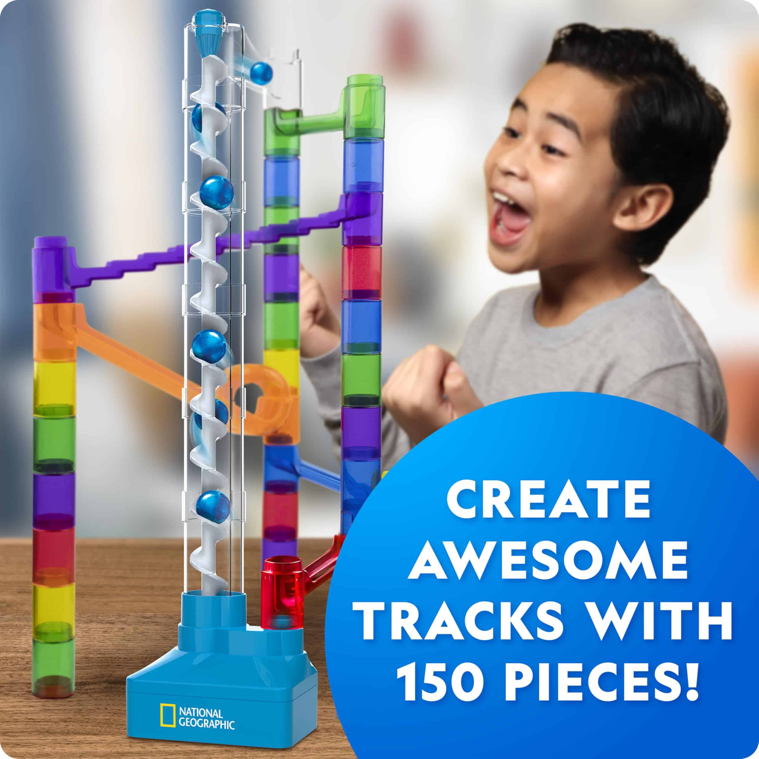 National Geographic Marble Run with Motorized Elevator - 150-Piece Marble Maze Kit with Motorized Spiral Lift, 30 Marbles, Storage Bag & More, Perpetual Motion Machine, Kids Physics Toys