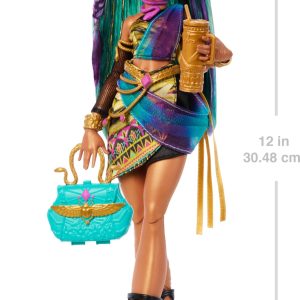 Monster High Nefera De Nile Doll, Royal Mummy in Dress with Pet Scarab Lavish and 7 Accessories Like Purse, Laptop, Sunglasses, Drink and Snacks