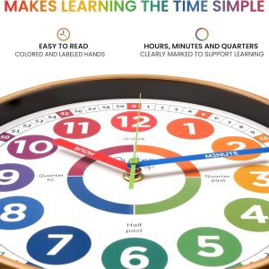 Oyster&Pop Kids Learning Wall Clock - Silent Non-Ticking Analog 10 Inch Multicolour Teaching Clock for Classrooms & Bedrooms - Makes Telling Time Easy for Kids