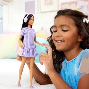 Barbie Fashionistas Doll #245, Autistic Barbie Doll Wearing Purple Striped Dress with Accessories Like Fidget Spinner, Tablet and Headphones