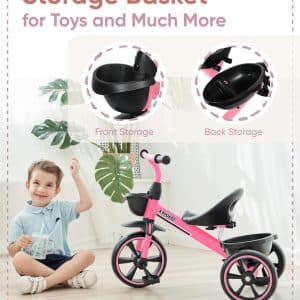 Toddler Tricycle for 2-5 Years, Anti-Tip Triangular Structure, Silent Non-Scratch EVA+PU Wheels, Indoor & Outdoor Trikes for Toddlers, Carbon Steel Kids Trike, Pink
