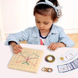 Montessori Wooden Geoboard Mathematical Manipulative Material Array Block Geo Board with 24Pcs Pattern Cards and Rubber Bands Matrix 8x8 for Kids Graphical Educational Toys Early Development Toy