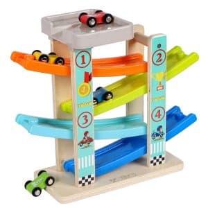 TOWO Zig Zag Car Slide with 4 Wooden Cars & Roof Top Park Playsets-Click Clack Track Toys for Toddlers -Racing Car Toys for Kids Boys Girls 1 2 3 4