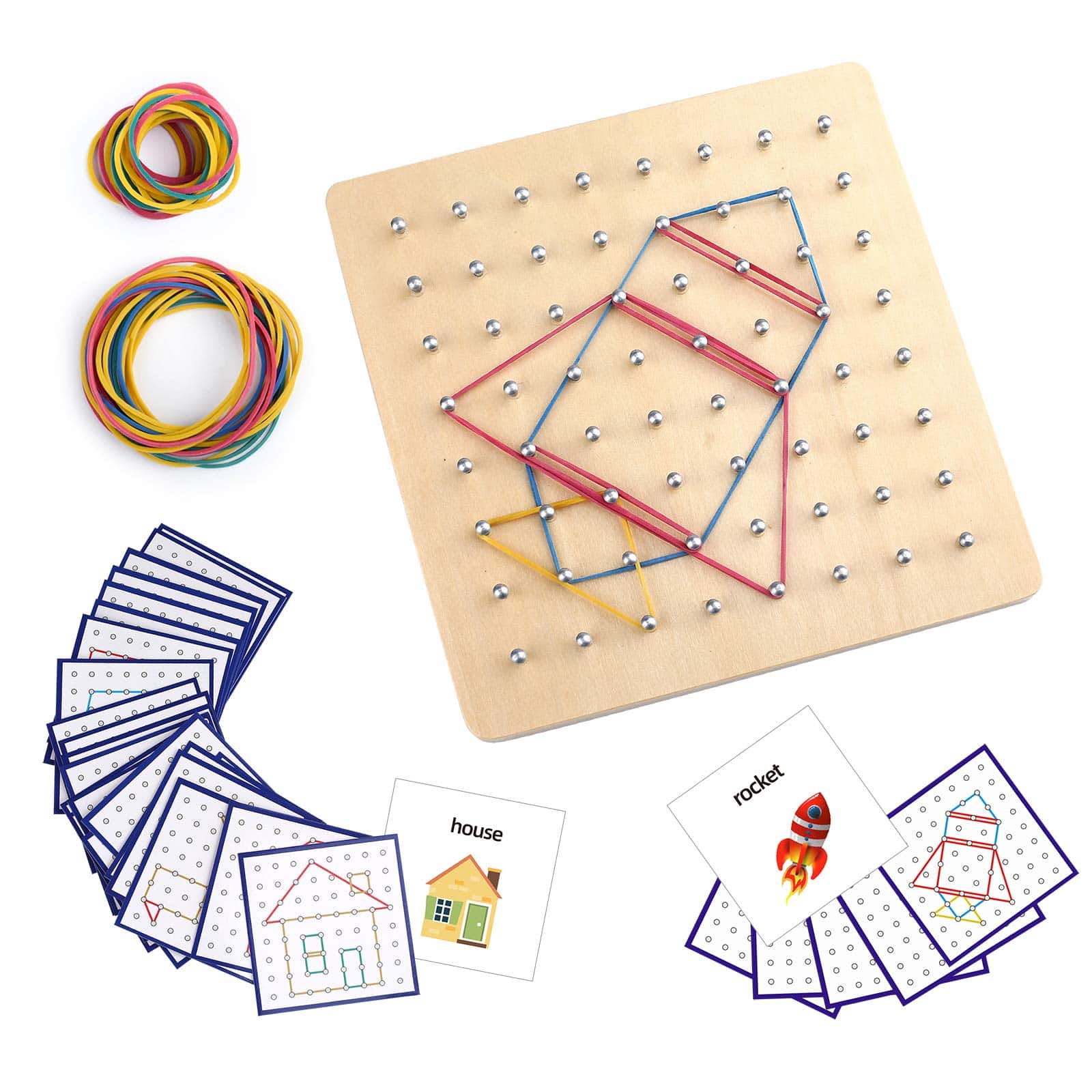 Montessori Wooden Geoboard Mathematical Manipulative Material Array Block Geo Board with 24Pcs Pattern Cards and Rubber Bands Matrix 8x8 for Kids Graphical Educational Toys Early Development Toy - Image 5