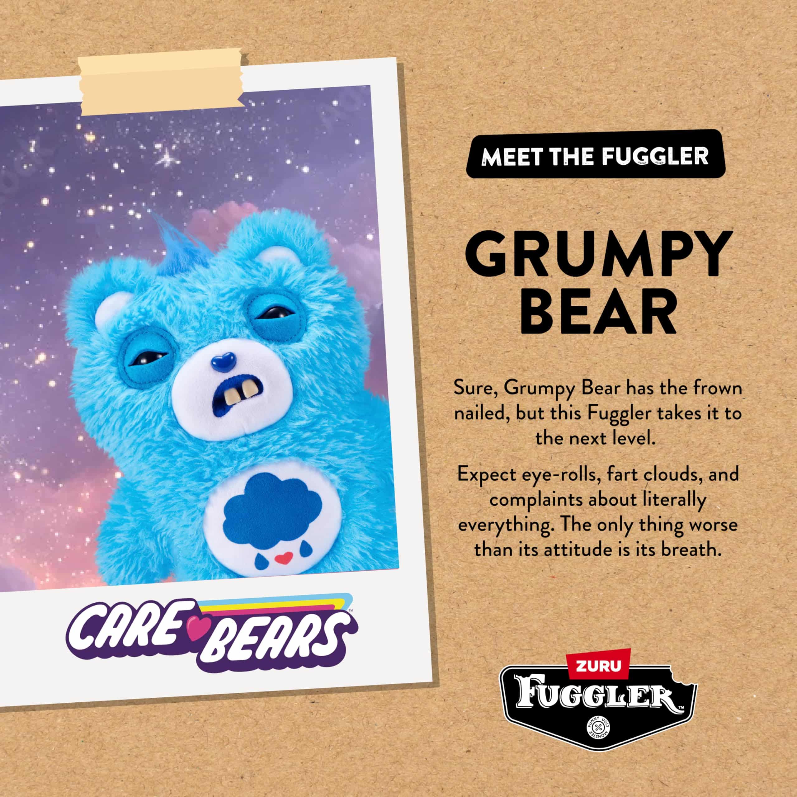 Fuggler Care Bears 23 cm Plush Toy (Grumpy Bear) by ZURU - Funny Ugly Monster Cuddly Toy with Human-Like Teeth, Collectable Plush for Children, Teenagers, Adults & Crossover Fans