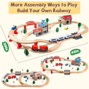 HOLYFUN Electric Wooden Train Toy Set for Toddlers, 88 PCS Train Track Toys with Cars & Accessories, Railway Set for 3 4 5 Years Old Kids, Boys and Girls