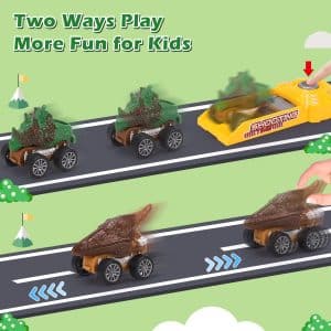 PELOSTA Dinosaur Toys for 3 4 5 6 7 Year Old Kid Boy Girl, Dinosaur Carrier Truck with Lights, Music & Roaring Sound, 3 Pull Back Cars, 12 Dinosaur Figures, Educational Toy for Kids 3-8 Years Old Gift