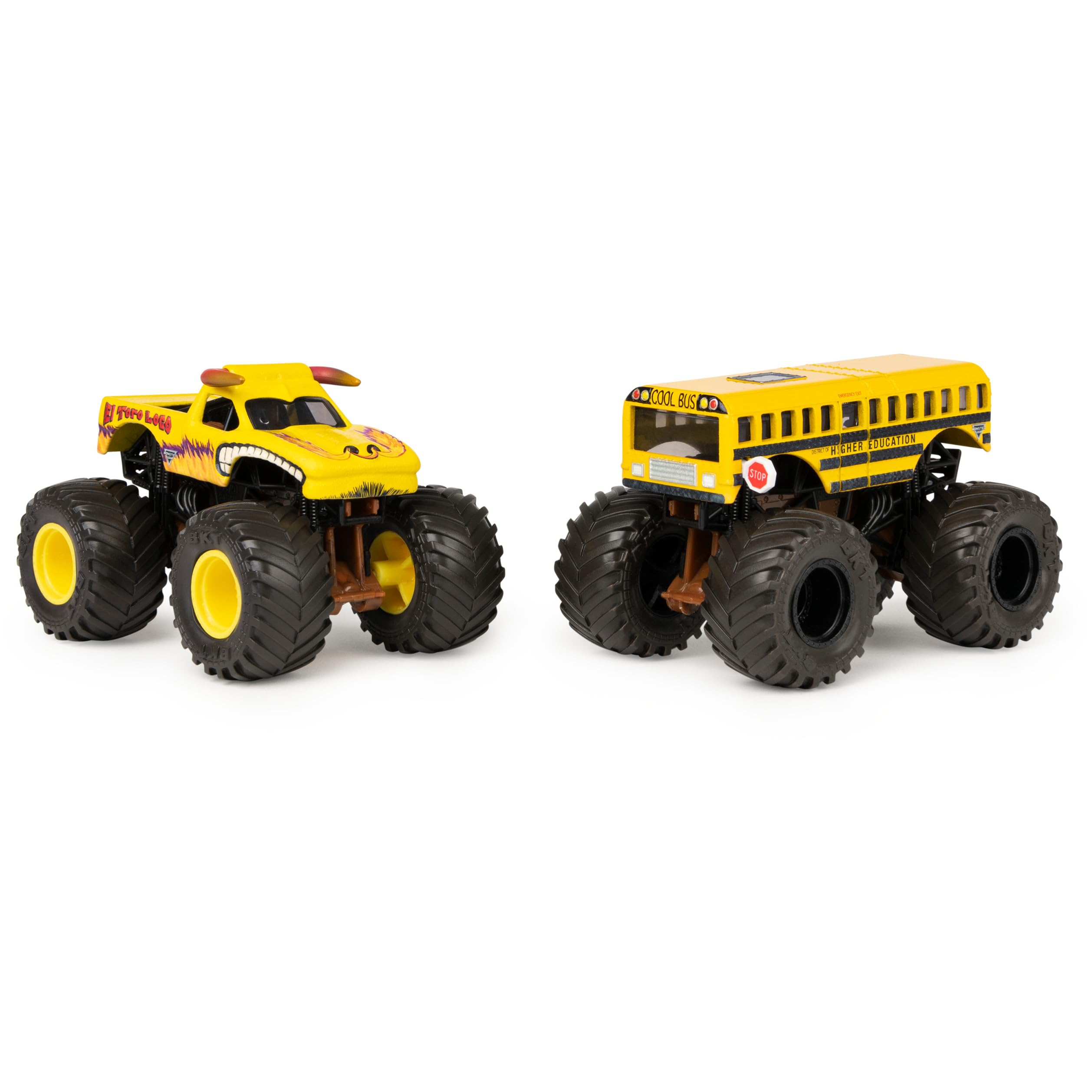 Monster Jam 2021 Color Change 2-pack El Toro Loco Yellow vs Higher Education School Bus 1:64 Scale Die-Cast Monster Trucks - Image 3