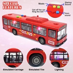 Toy Bus for Boys and Girls from 1 Year - with Light and Sound, Realistic Tyres, Simulated Functional Doors, Friction Operated Movement, Red