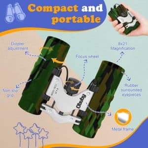 Real Binoculars for Kids Gifts for 3-12 Years Boys Girls 8x21 High-Resolution Optics Mini Compact Binocular Toys Shockproof Folding Small Telescope for Bird Watching,Travel, Camping, Camo