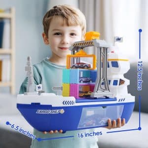 Cargo Ship Toy & Gantry Crane, Toy Boat and Crane Playset with Sounds & Lights, Transport Containers, Push and Go Vehicle Cars, Kids Play Boats for Boys Girls
