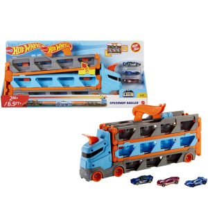 Hot Wheels ​ Speedway Hauler Storage Carrier with 3 1:64 Scale Cars & Convertible 6-Foot Drag Race Track for Kids 4 to 8 Years Old, Stores 20+ Cars & Connects to Other City Sets & Tracks