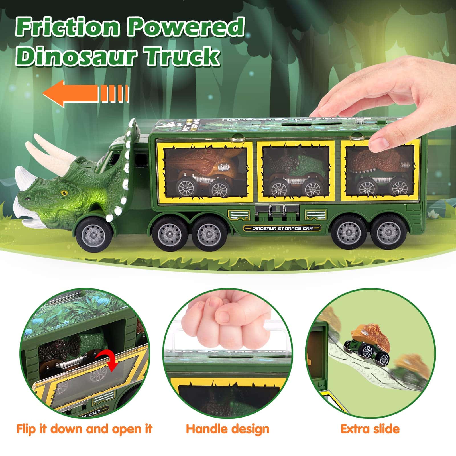 PELOSTA Dinosaur Toys for 3 4 5 6 7 Year Old Kid Boy Girl, Dinosaur Carrier Truck with Lights, Music & Roaring Sound, 3 Pull Back Cars, 12 Dinosaur Figures, Educational Toy for Kids 3-8 Years Old Gift - Image 2