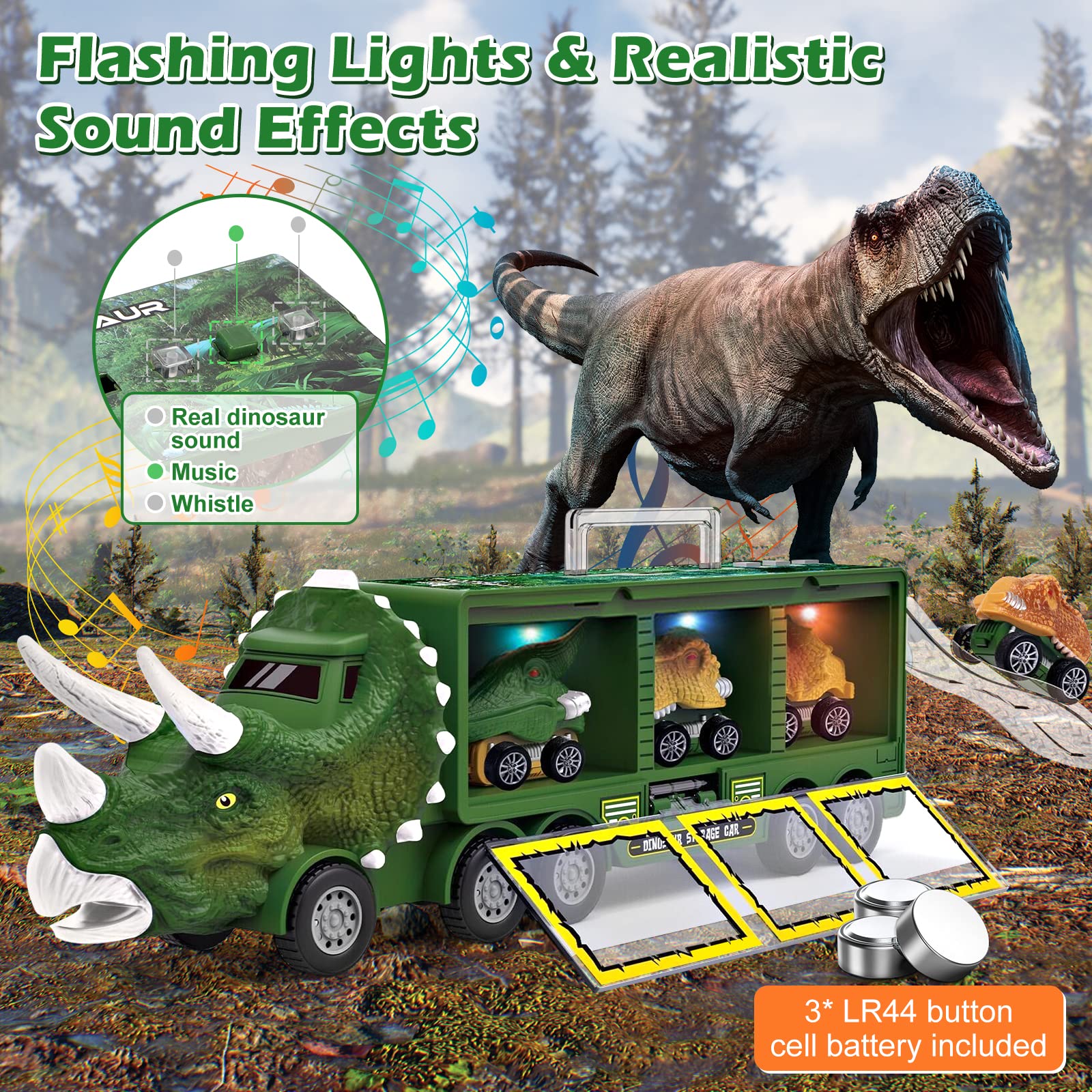 PELOSTA Dinosaur Toys for 3 4 5 6 7 Year Old Kid Boy Girl, Dinosaur Carrier Truck with Lights, Music & Roaring Sound, 3 Pull Back Cars, 12 Dinosaur Figures, Educational Toy for Kids 3-8 Years Old Gift - Image 3