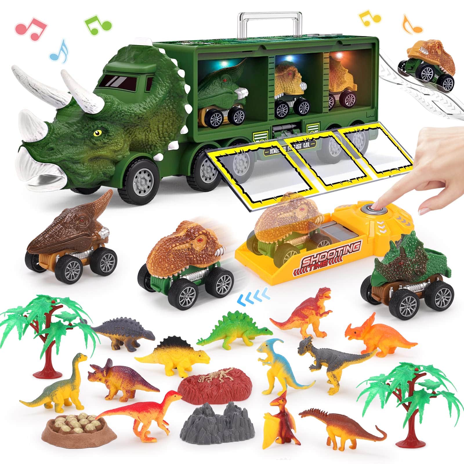 PELOSTA Dinosaur Toys for 3 4 5 6 7 Year Old Kid Boy Girl, Dinosaur Carrier Truck with Lights, Music & Roaring Sound, 3 Pull Back Cars, 12 Dinosaur Figures, Educational Toy for Kids 3-8 Years Old Gift - Image 7