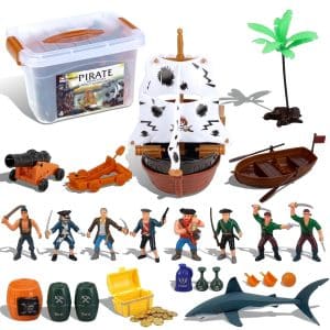 Bucket of Pirate Action Figures Playset with Boat Treasure Chest Cannons Shark Pirate Ship and More!