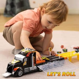 JOYIN Toy Truck for Kids,5-FT Race Track and 12 Die-Cast Metal Toy Cars, Racing Car with Lights & Sounds, Carrier Truck Toy for 2 3 4 5 Years Old Boys and Girls