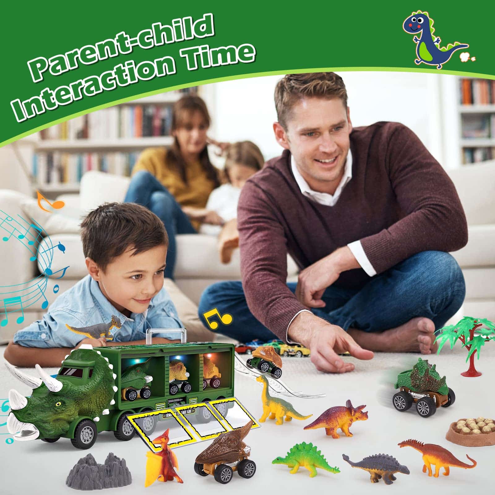 PELOSTA Dinosaur Toys for 3 4 5 6 7 Year Old Kid Boy Girl, Dinosaur Carrier Truck with Lights, Music & Roaring Sound, 3 Pull Back Cars, 12 Dinosaur Figures, Educational Toy for Kids 3-8 Years Old Gift - Image 4