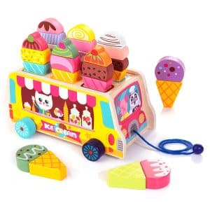 Wooden Ice Cream Truck, 28 pcs Ice Cream Sweet Treats Pretend Play Food & Accessories, Montessori Sorting & Stacking Toys for Toddler Girls & Boys Age 2-5…