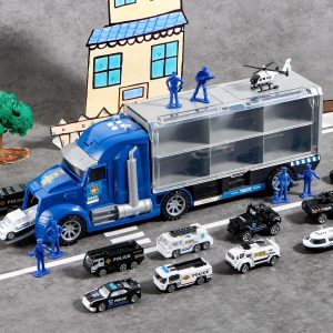 Police Rescue Truck Toy Set of 25 Die-Cast Mini Vehicles with Carrier Truck, Toddler Toys for Boys & Girls Ages 1-12, Birthday & Xmas Gift for Kids, Emergency Vehicle Playset