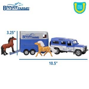 Breyer Horses Breyer Farms Land Rover and Tag-a-Long Trailer and Horses Playset | Die Cast Land Rover | 3.25” H x 10.5” L x 2.5” D | 2 Stablemates Horses Included | 1:32 Scale | Model #59216, Multi