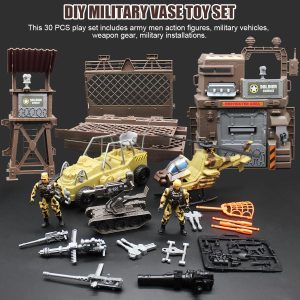 Military Toys Set Military Base Playset Army Men Soldiers Action Figures Military Vehicles Weapon Gear Military Model Toy Set for Kids 3+ Year Old, Brown