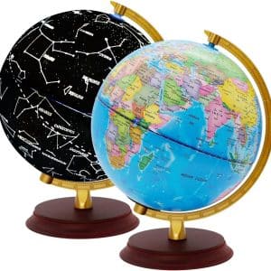 Exerz Illuminated World Globe 20cm Diameter Wooden Base - Political Map in English (Day) - Constellation Stars (Night) - 2 In 1 Light Up LED Lamp - Fun And Educational, Home And School