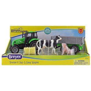 Breyer Horses Breyer Farms Tractor and Tag-a-Long Wagon Playset | 5" H x 11" L x 4" D | Cow and Pig Included | 1:32 Scale | Model #59238, Green