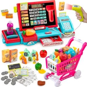 VROGTIK Interactive Kids Cash Register Toy - Educational Pretend Play Store Set with Shopping Cart, Music, Real Calculator & Scanner - Ideal for Girls & Boys Ages 3-8 (Red-Blue)