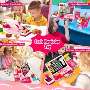 VROGTIK Interactive Kids Cash Register Toy - Educational Pretend Play Store Set with Shopping Cart, Music, Real Calculator & Scanner - Ages 3-8 (Red-Pink)