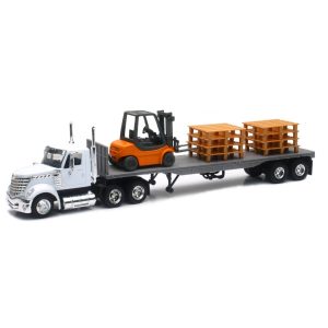 New Ray 16643 Newray 1: 43 Long Haul Trucker - International Lonestar Flatbed with Forklift & Pallets, White