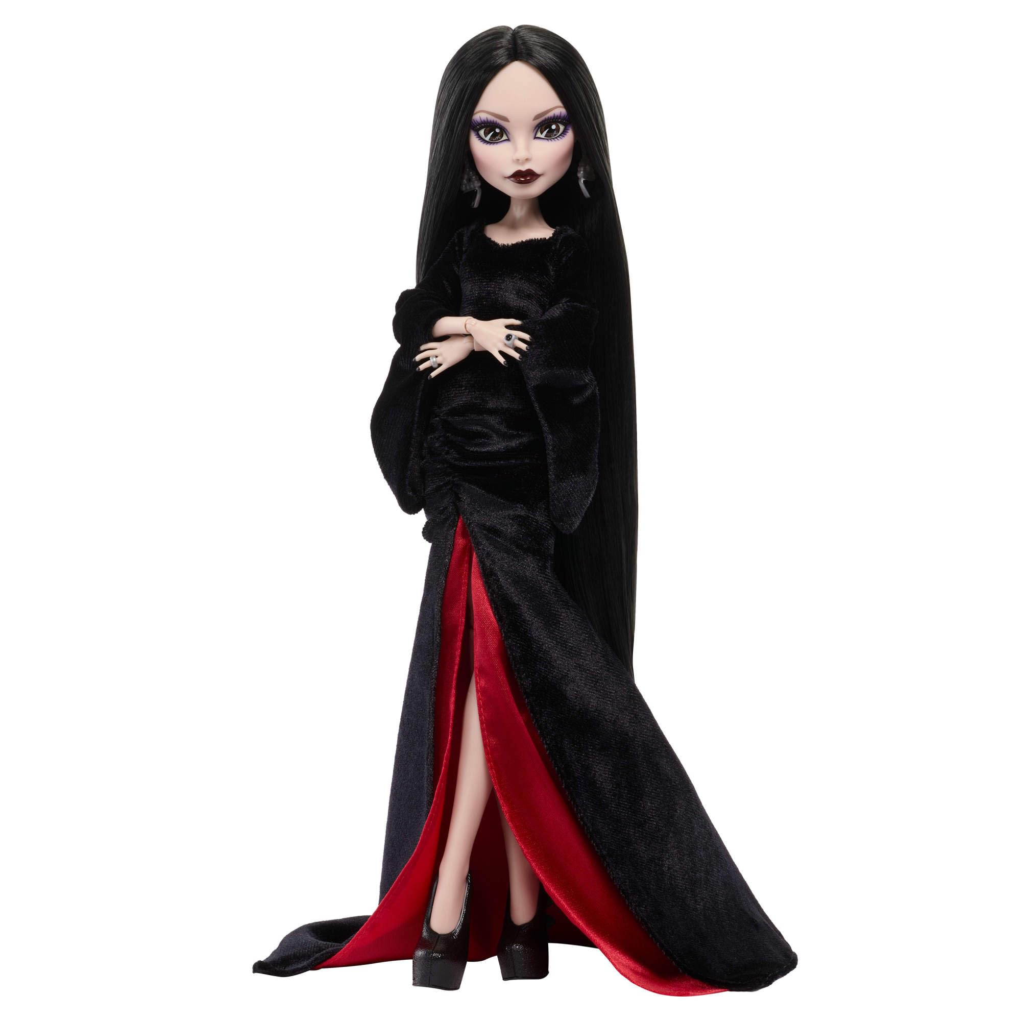 Monster High x Wednesday Doll, Morticia Addams Collectible in Black and Crimson Velvet Dress with Jewelry, Show-Inspired Heels and Doll Stand - Image 7