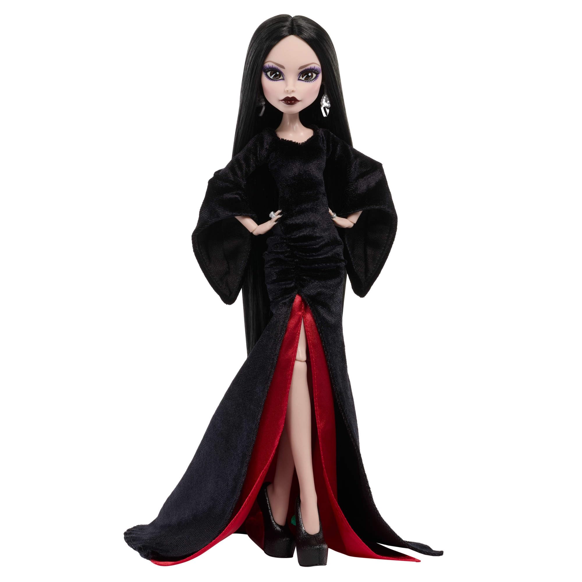 Monster High x Wednesday Doll, Morticia Addams Collectible in Black and Crimson Velvet Dress with Jewelry, Show-Inspired Heels and Doll Stand - Image 4