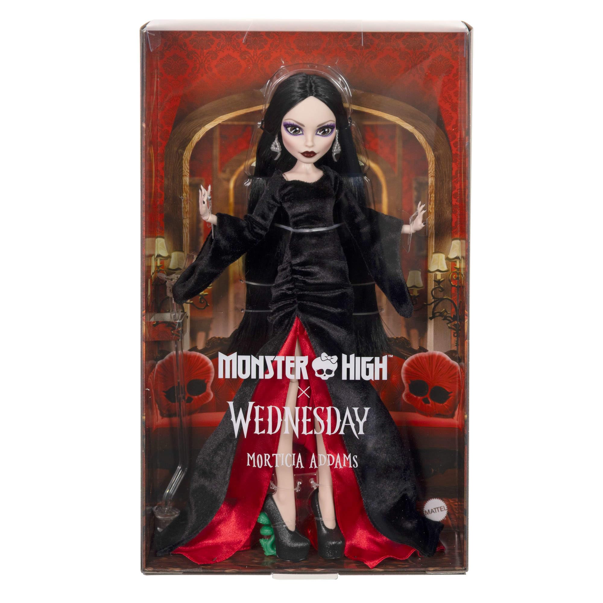 Monster High x Wednesday Doll, Morticia Addams Collectible in Black and Crimson Velvet Dress with Jewelry, Show-Inspired Heels and Doll Stand - Image 8