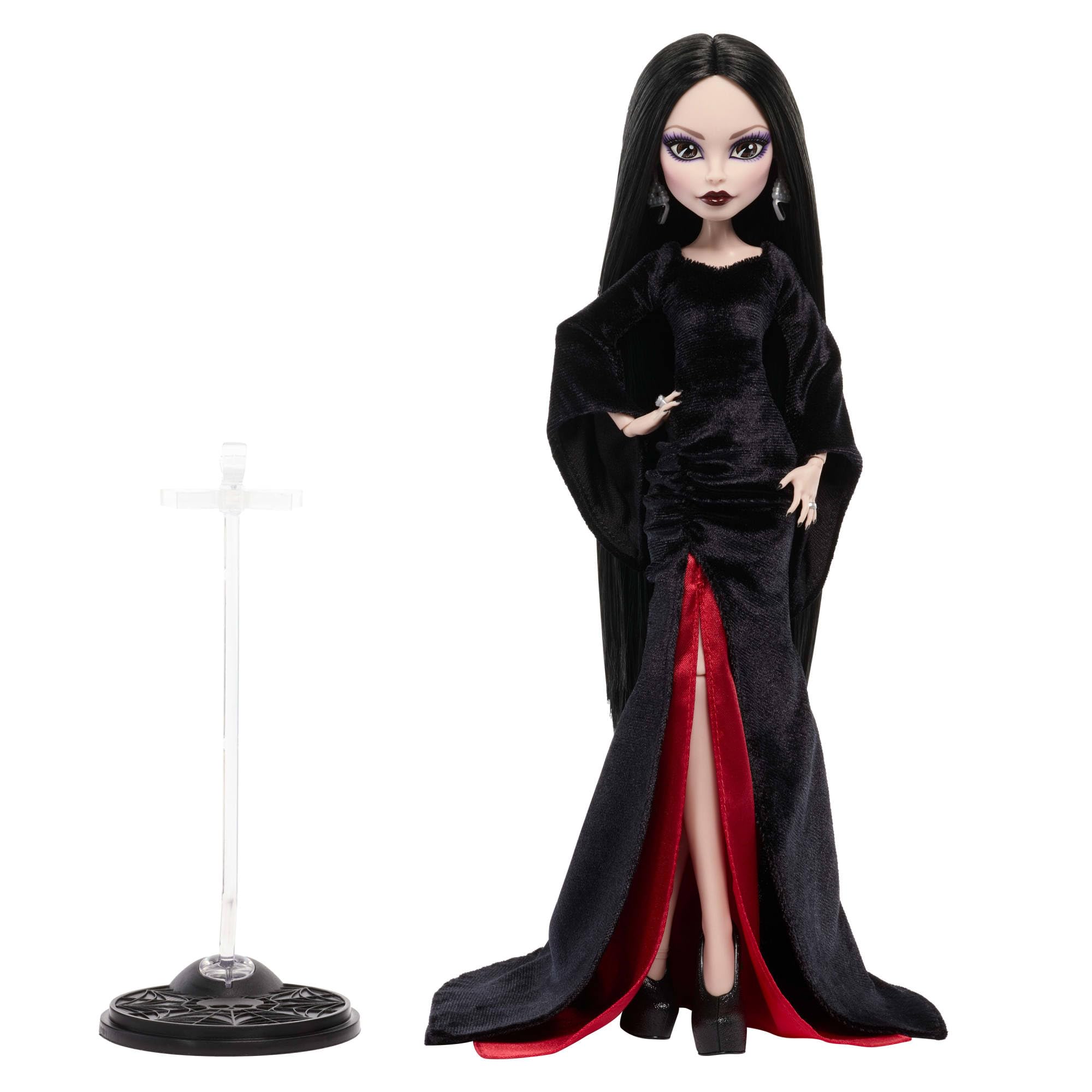 Monster High x Wednesday Doll, Morticia Addams Collectible in Black and Crimson Velvet Dress with Jewelry, Show-Inspired Heels and Doll Stand - Image 2