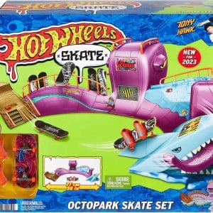 Hot Wheels Skate Octopus Skatepark Playset with Tony Hawk Fingerboard & Pair of Removable Skate Shoes, Includes Storage