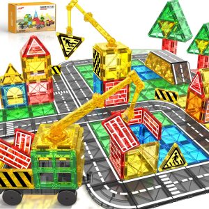 Magnetic Tiles Road Building Blocks with Extendable Magnetic Crane, City Construction STEM Building for Kids Ages 3-5 4-8,Kids Games Toddler Toys for 3+ Year Old Boys Girls Christmas Birthday Gifts
