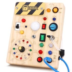 Montessori Wooden Busy Board with 11 LED Light Switches - Sensory & Travel Toys for 1+ Year Olds