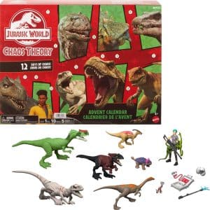 Mattel Jurassic World Chaos Theory Exclusive Advent Calendar with 12 Doors, 12 Days of Surprises, Smoothie & 8 Other Dinosaur Figures, Brooklynn Figure